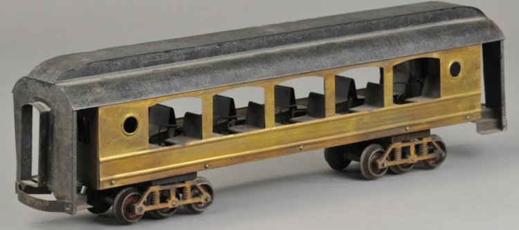 CARLISLE & FINCH No. 87 FIVE WINDOW PULLMAN CAR: c. 1905-1906, brass body, painted sheet metal roof and car ends, complete bench interior, six wheel trucks, a rare piece in nice condition. 18" l.