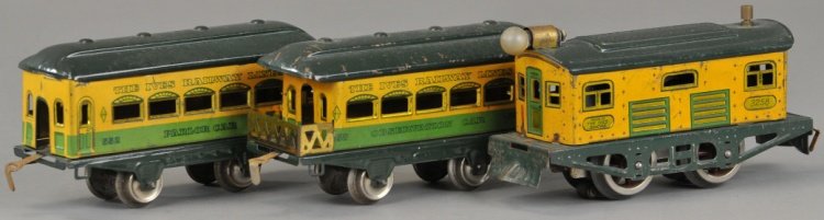 IVES O GAUGE PASSENGER SET: Features #3258 New Haven style tin lithographed engine, together with matching #558 observation car and #552 parlor car, all in green and yellow litho bodies, green roofs. Cars 6 1/2" l.