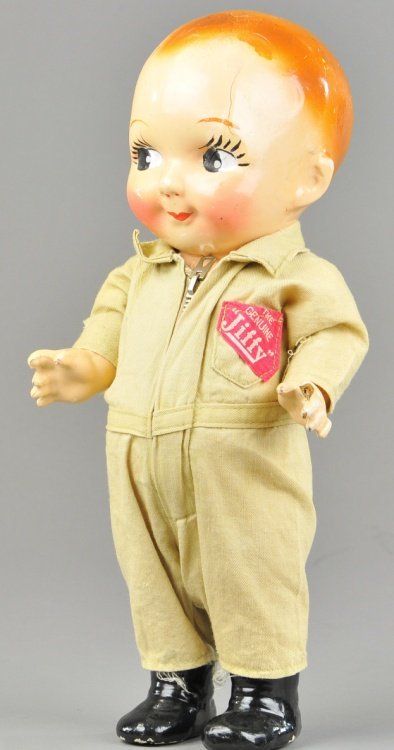 BUDDY LEE DOLL: Full figure, wears original "Jiffy" black painted boots, rubber body. 13" h.
