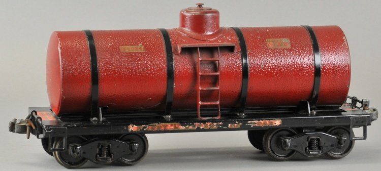 BUDDY 'L' OUTDOOR RAILROAD TANK CAR #1003: Pressed steel tank body, painted in maroon overall, decals on side, black straps and frame with four wheels trucks. 19" l.