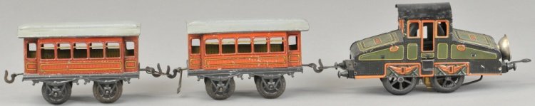 BING ELECTRIC O GAUGE TRAIN SET: Germany, lithographed tin, steeple can with '4 volt' motor, together with two passenger cars, well detailed overall. 19" l.