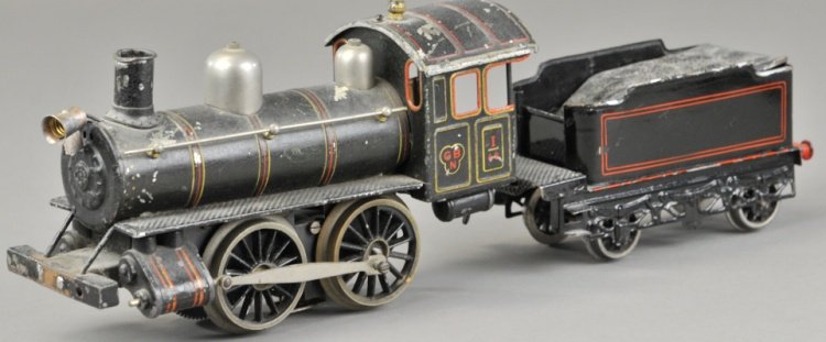 BING GAUGE I LOCOMOTIVE: European steam outline electric driven 0-4-0 locomotive #I-48 with tender. Loco 9" l.
