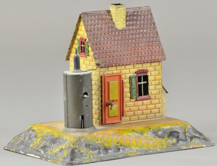 BELL HOUSE ACCESSORY: Bing, Germany, hand painted tin, house with opening door sits on embossed base, bell on side. 8 1/4" w x 6 3/4" h.