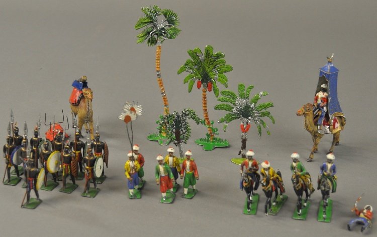 HEYDE ARABS & NATIVES LOT: Assorted pieces, includes two camels, four mounted Arabs on horses, two riders, four trees, five standing together with eleven native warriors, each holding spear and shield in hand, great paint detai