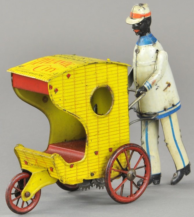 STOCK BOARDWALK ROLLO CHAIR: Germany, lithographed tin, a fine depiction of suited man, the once popular wicker styled boardwalk chairs, clockwork driven, roof reads "Riding the Boardwalk, Atlantic City." 7" l.