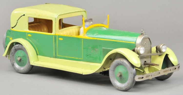 LUXURY TALBOT: Darrack Coupe JEP, France, green version features enclosed passenger compartment, open chauffeur's seating, hood opens to reveal engine, spare mounted on trunk, clockwork driven. 17 1/2" l.
