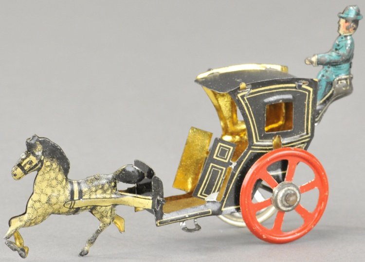 HANSOM CAB PENNY TOY: Meier, Germany, solo horse pulls dark blue and black cab, red spoke wheels, driver in blue uniform, gold interior. 4 1/4" l.