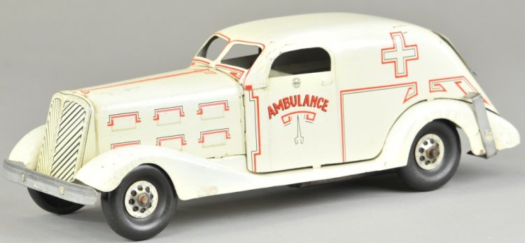 MARX AMBULANCE: c. 1930's, pressed steel, scarce example, white body, red fenders, opening rear door, clockwork activated siren and motions. 14" l.