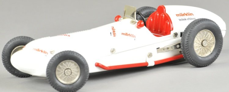 MARKLIN MERCEDES RACER: Germany, contemporary edition, clockwork motor, white body with red embossed interior, rubber tires, well detailed overall. 11" l.