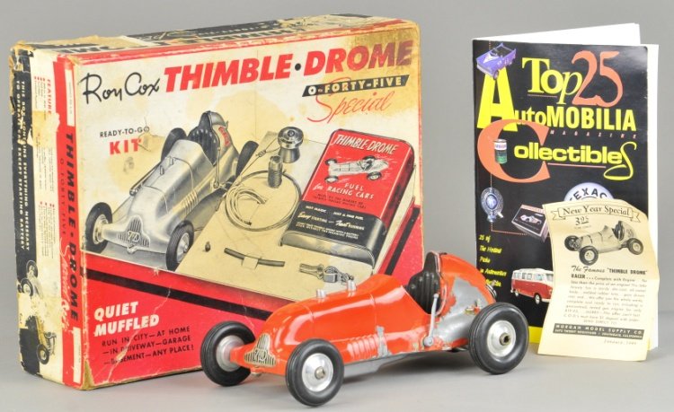 ROY COX THIMBLE DROME CHAMPION No. 8 CAR: Includes box, red body, engine in rear body, side pipe, embossed seating.