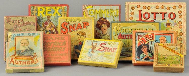 LOT OF EARLY SMALL GAMES: Includes Game of Authors, two versions of the Game of Snap, REX, Peter Coddles, Game of Sherlock Holmes, Commerce, Safety Blocks, Old Maid, Household Authors and Lotto. 3 1/2" to 7 1/2".