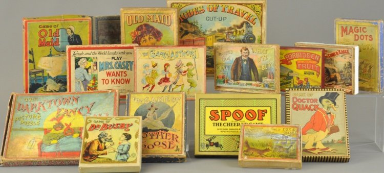 LARGE GROUPING OF EARLY GAMES: Picture Block, Game of Doctor Quack, Game of Authors, Mrs. Casey Wants to Know, Game of Dr. Busby, Magic Dots, Game of Fox and Geese, Darktown Fancy Ball Puzzle, Modes of Travel cut-ups, Spoof, Mother