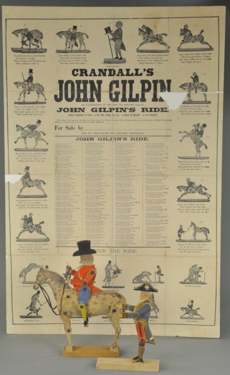 CRANDALL'S GEORGE WASHINGTON & JOHN GILPIN FIGURES: Both with posable jointed limbs, lithographed paper over wood and stained wood figures with metal rivets at joints, on original slotted wood bases and wearing hats, features Ye Hero of '76, George Was