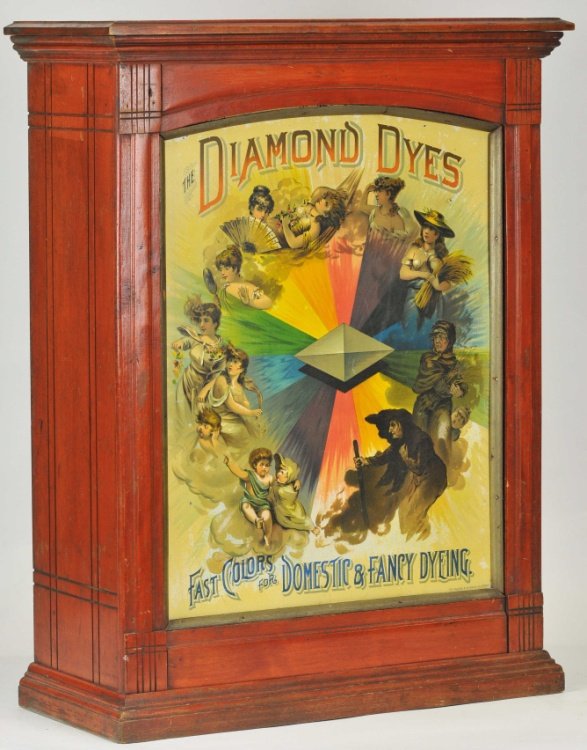 DIAMOND DYE, PHASES OF WOMAN, CABINET: Classic Diamond Dyes "Fast Colors for Fancy Dying," tin litho in cherry wood case complete with interior wood shelving, nice strong coloring to the tin litho. 30".