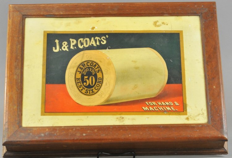 J&P COATS COUNTER TOP DISPLAY: Tin litho insert in a wood display case showing coats best six cord spool thread, a very attractive display. 16" x 21".