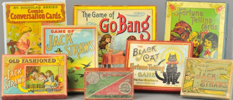 LOT OF BOXED GAMES: Includes Baseball Card Parlor Game, Three Jack Straw Sets, Black Cat Fortune Telling Game, Gypsy Fortune Telling Cards, Conversation Cards and Game of Go Bang. 4 3/4" to 8 1/2" l.