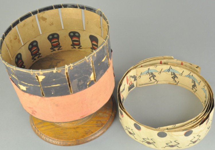 ZOETROPE: Milton Bradley, 1867, early visual table example, comes with individual character strips able to appear as a movie film when circular unit is turned, the Wheel of Life as it was billed, wooden base, h