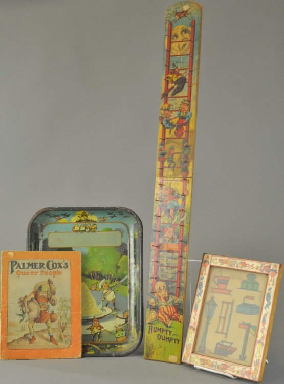 EARLY BROWNIE ITEMS: Diverse lot includes Brownie theme ice cream tray, Brownie trace board, Humpty Dumpty ladder board with Brownie graphics and Palmer Cox's Queer People book. 9" to 30" l.