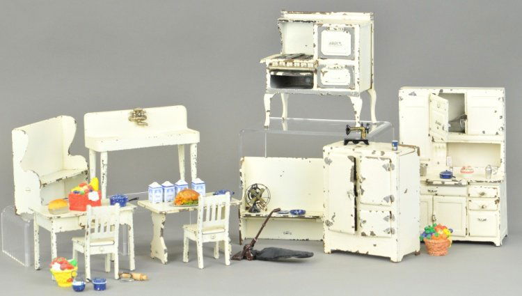 ARCADE KITCHEN FURNITURE LOT: Extensive cast iron grouping, examples all painted in white overall, includes Boone table and two chairs, dining table with hutch style bench seats, Gurney ice box, Crane sink, Roper stove and large B