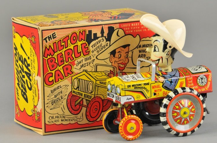MILTON BERLE CAR W/BOX: Louis Marx, lithographed tin, colorful toy features Uncle Milton in cowboy hat riding open car, extensive graphics, clockwork driven. 5 1/2" l.