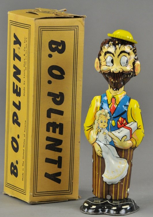 B.O. PLENTY: Louis Marx, boxed example, lithographed tin, comical depiction of popular character able to tip hat and waddle when clockwork is activated. 9" h.