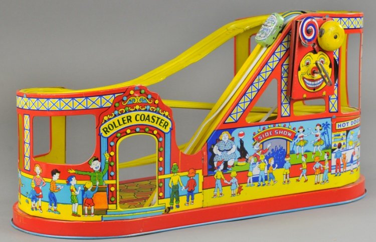 CHEIN & Co. ROLLER COASTER: c. 1929, lithographed tin wind up toy, very colorful, belt driven wind up, nice graphics overall, includes one car. 18 1/2" l.