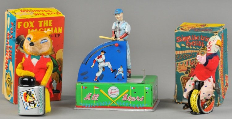 THREE TIN TOYS: Japan, includes a battery operated All Star Baseball toy, boxed Fox the Magician toy with wind up action and boxed Skippy the Tricky Cyclist. 6" to 7" h.