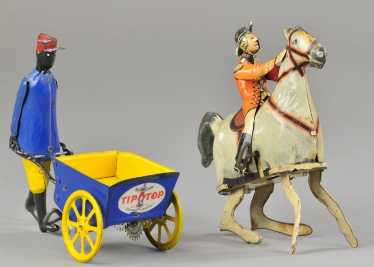 TWO WIND UP TOYS: Includes Strauss "Tip Top" gardener pushing wheelbarrow and General riding horse, both wind ups and lithographed tin examples. 5 3/4" to 6" h.