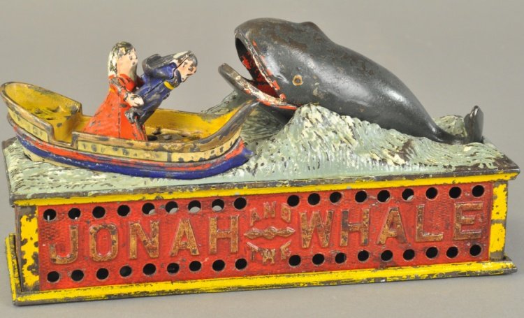 JONAH & THE WHALE MECHANICAL BANK: Shepard Hardware Co., designed by Peter Adams, patented 7/15/1890. Place a coin on Jonah’s head and press the lever; the man tosses Jonah forward as if to throw him overboard and the whale opens his