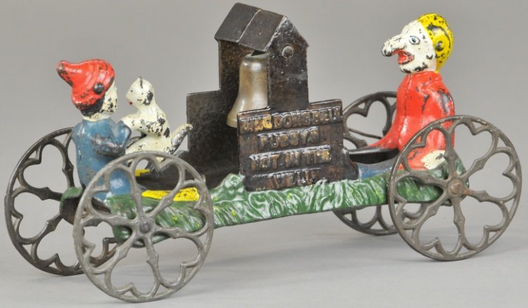 GONG BELL DING DONG BELL TOY: Hand painted cast iron bell ringer toy, features familiar heart design wheels, raised letters read "Ding Dong Bell Pussy's not in the well," on both sides, a classic story book toy. 9" l.