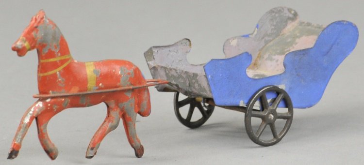 HORSE DRAWN SLEIGH TOY: Hand painted penny toy size example, open blue sleigh cart with spoke wheels, drawn by brown horse. 6" l.