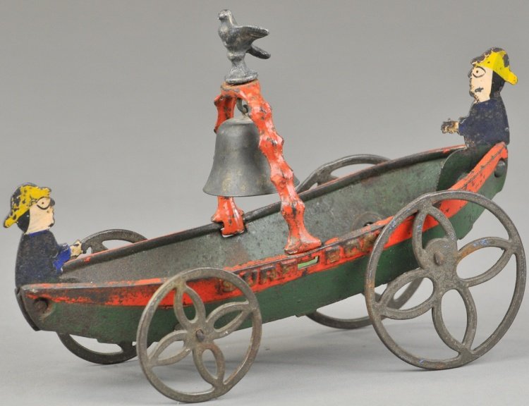 SURF BOAT BELL TOY: Ives, Blakeslee & Williams Co., rare cast iron bell toy able to roll along the ground while eccentric wheels allow an up and down motion simulating ruffing the waves, boat contains tin painted figures