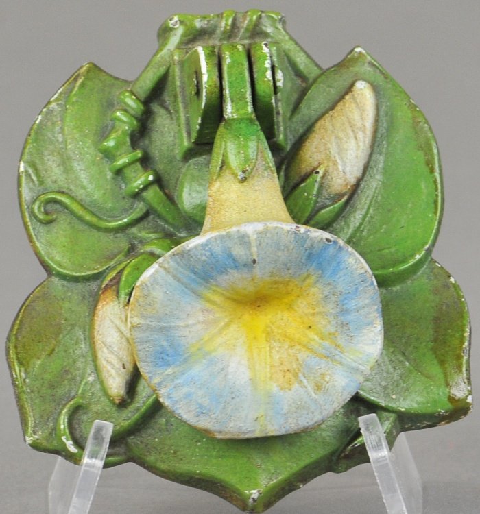 MORNING GLORY DOOR KNOCKER: Beautifully detailed door knocker, depicts single bloomed blue & yellow morning glory flower on green foliage & closed bud base, great details to casting. 3 1/4" h.