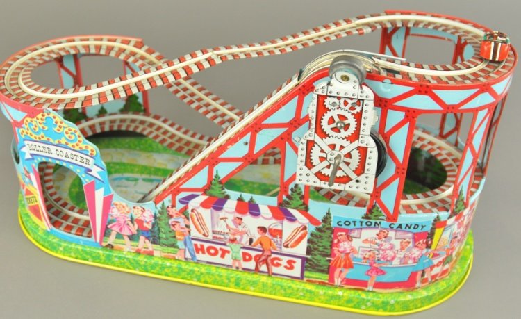 CHEIN ROLLER COASTER TOY: Lithographed tin, wind-up action, conveyor belt propels litho auto up the track, visually appealing toy with nice graphics. 18 1/2" l.