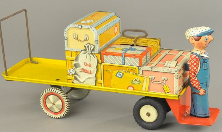FINNEGAN HAND CAR: Unique Art, lithographed tin, hand car toy features standing driver, key wind operated, nicely detailed example. 13 1/4" l.