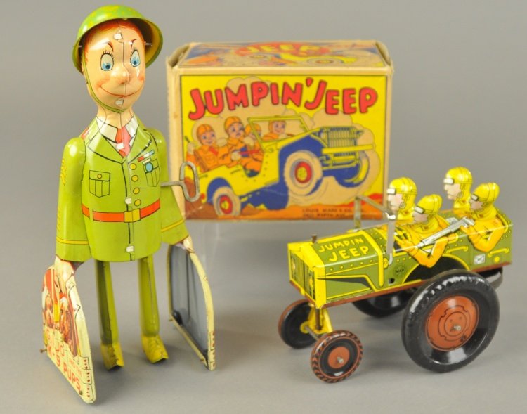 G.I. JOE & JUMPIN' JEEP: Unique Art Co., both lithographed tin, comical depiction of G.I. Joe soldier carrying pups in cages, together with Jumpin Jeep toy. 9" h.