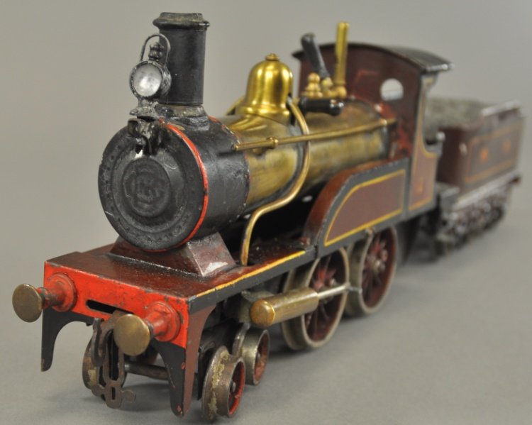 BING 4-4-0 STEAM LOCOMOTIVE & TENDER: Germany, gauge '1' example, features hand painted loco and tender, brass boiler, six wheel tender decal reads, "M.R." Loco 9 3/4" l.