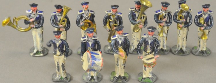 HEYDE BAND MEMBERS: Germany, lead figures, each in sailor's suit and hat, includes twelve musicians, varied instruments. 2 1/8" h.