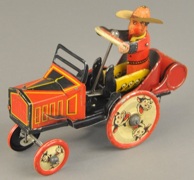 WHOOPEE CAR: Louis Marx, lithographed tin, depicts cowboy driving in open auto seemingly bucked out of his seat when activated, clockwork driven. 8" l.