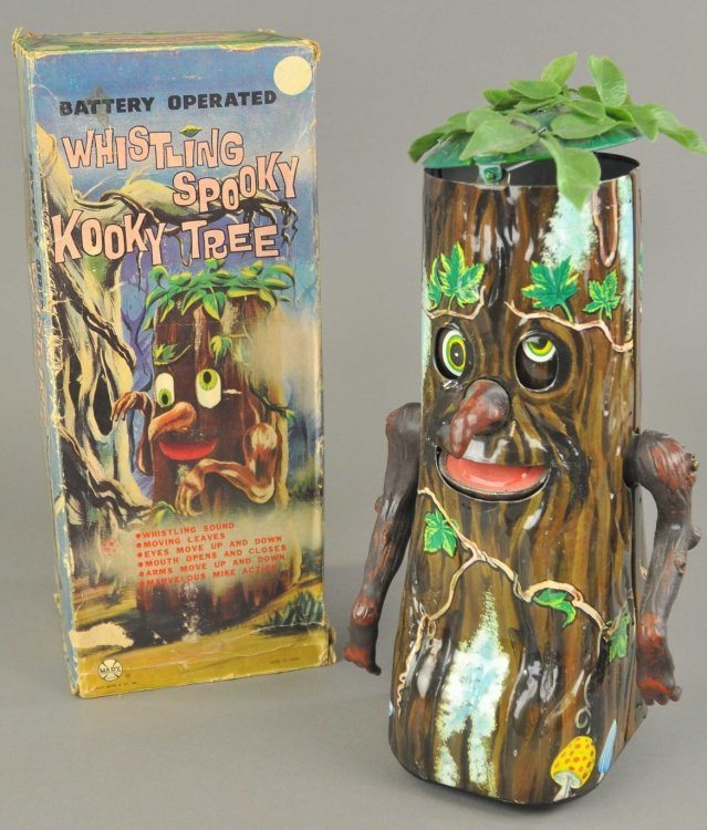 WHISTLING SPOOKY KOOKY TREE: Boxed example, Louis Marx, Japan, c. 1950's, lithographed tin and battery operated with bump and go action and various limb movements. 14 1/2" h.