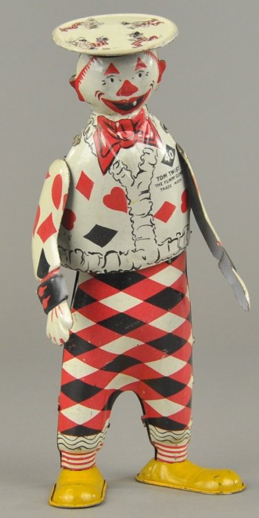 TOM TWIST STAND UP FIGURE: Ferdinand Strauss, lithographed tin, marked Tom Twist the "Funny Clown," wind-up action. 8 1/2" h.