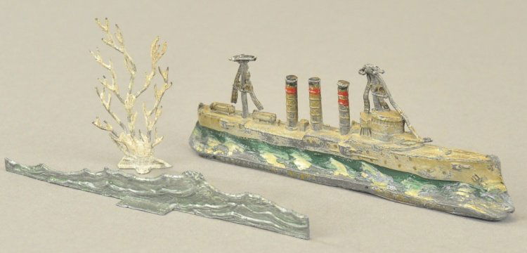 EARLY GERMAN WARSHIP: Germany, heavy lead molding, depicts three stack warship cutting through embossed waves, hand painted, includes waves and coral display. 5 3/4" l.