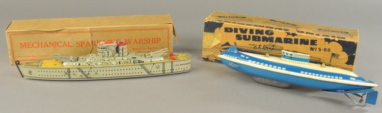TOY SUBMARINE & WARSHIP: Both lithographed tin, includes Wolverine Diving submarine and Louis Marx Sparkling warship. 12 1/2" to 14 1/4" l.