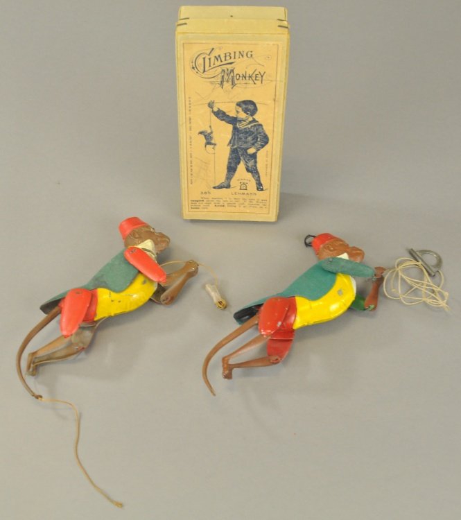 LEHMANN CLIMBING MONKEY TOYS: Includes one boxed example, these early toys were the forerunners of the very interesting climbing toys, pulling string while stepping on one end allows tin monkeys to travel as if climbing on their o