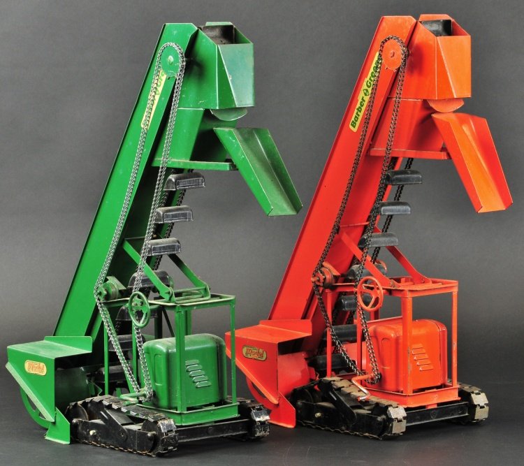 LOT OF TWO DOEPKE SAND LOADERS: Model Toys, includes orange and green examples, marked "Barber Greene," each features buckets on chain drive. 19" l.