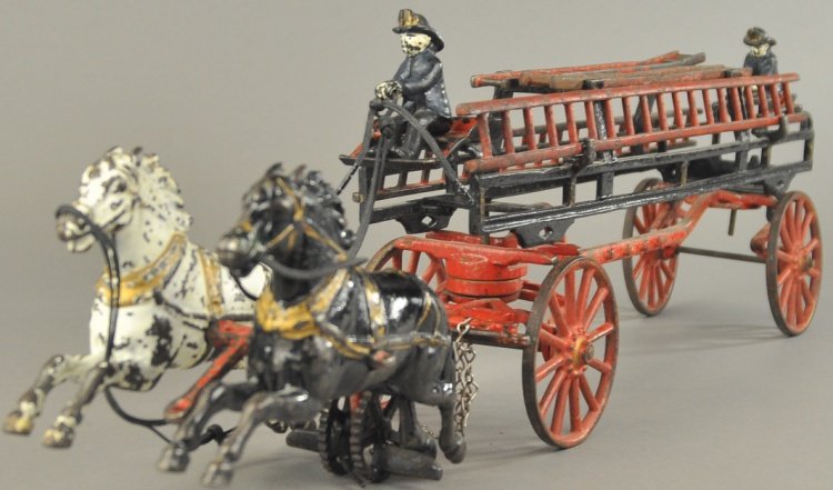 CARPENTER HOOK & LADDER: Cast iron, c. 1890's, cast ladder supports, red spoke wheels and seat tops, seated fireman, drawn by two horses, ladders on sides and center of body. 25" l.
