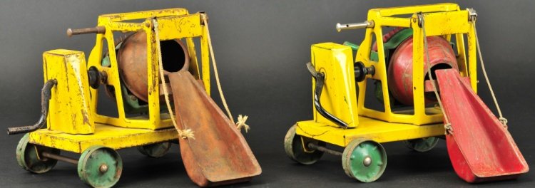 LOT OF TWO BUDDY 'L' CONCRETE MIXERS: Small wheels units, done in yellow frames, red drums and green wheels. 8 1/2" l.