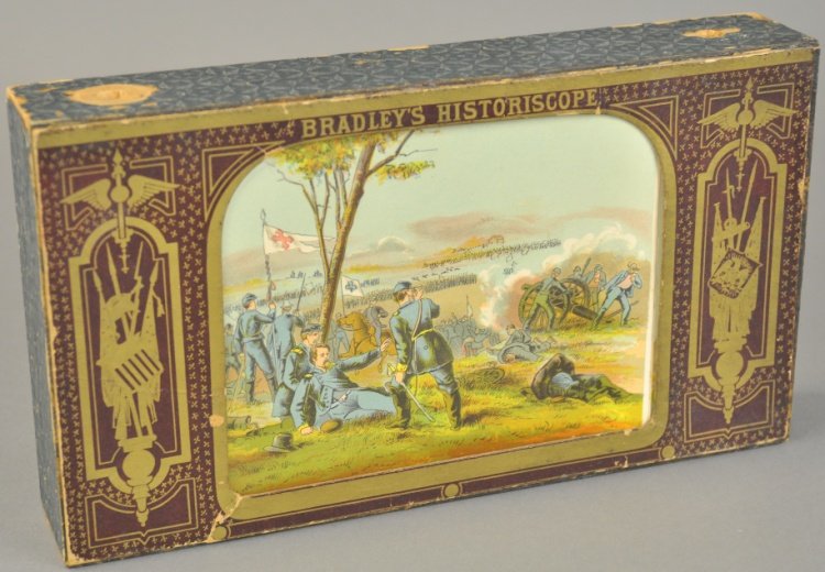 MILTON BRADLEY HISTORISCOPE PANORAMA BOX: Early hand turn panorama with colored paper civil war depictions inside framed box. 6 1/4" x 11".