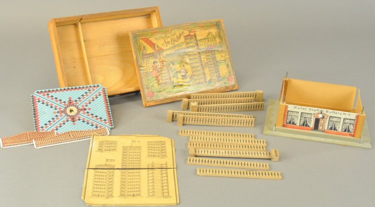 BOXED HOTEL STATLER BUFFALO BUILDING: Incomplete set, made in Germany for the American market, contains some wood columns and paper sides, box in nice shape with great graphics. 7" x 9 1/2".