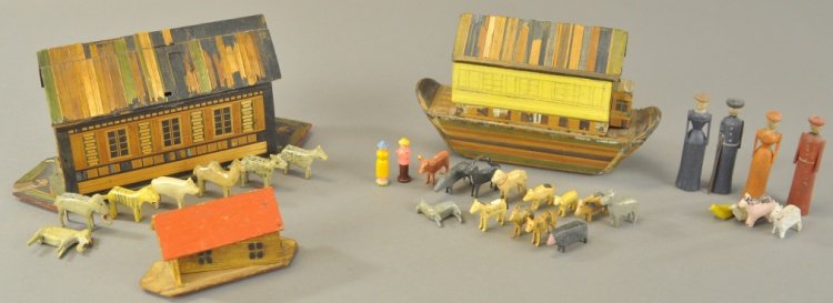 LOT OF THREE SMALL ARKS: Grouping includes two straw covered examples and miniature ark, some carved figures and animals come with lot. 4 1/4" - 9" l.